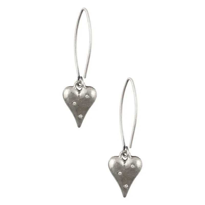 Finished Jewelry-Heart Charm With Crystals-Open Oval Mini Ear Wire Hook Earrings-Antique Silver-One Pair