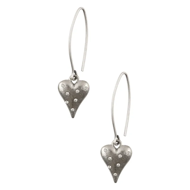 Finished Jewelry-Heart Charm With Crystals-Open Oval Mini Ear Wire Hook Earrings-Antique Silver-One Pair