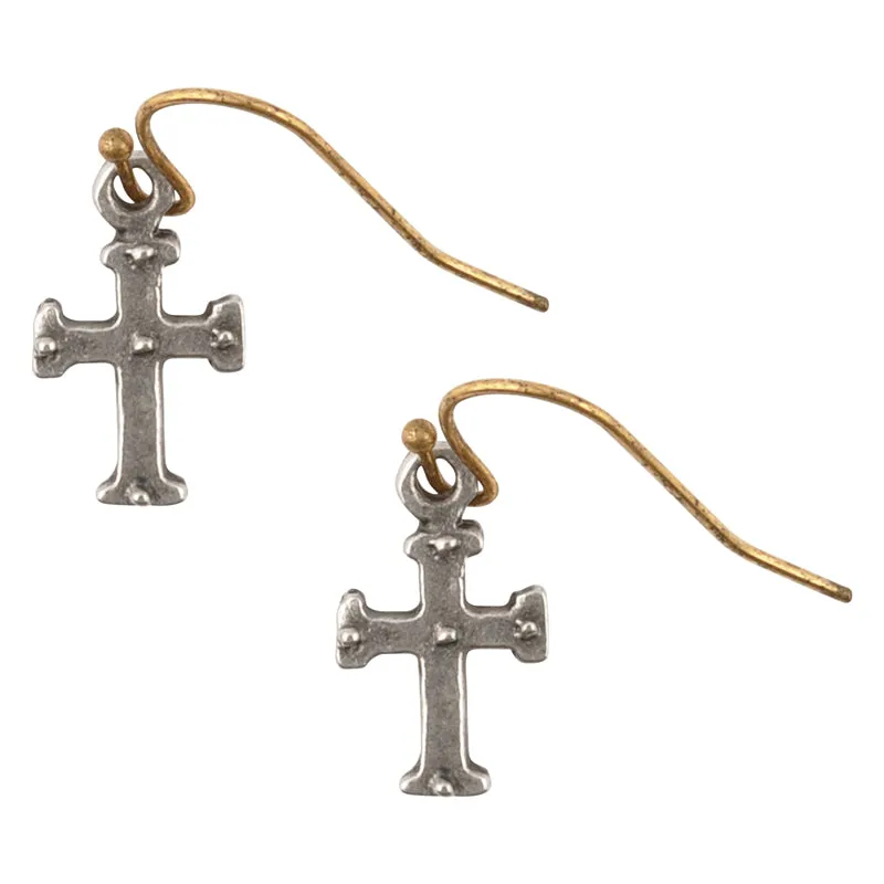 Finished Jewelry-Tiny Medieval Cross-Ear Wire Ball Earrings-Antique Silver   Antique Gold-One Pair