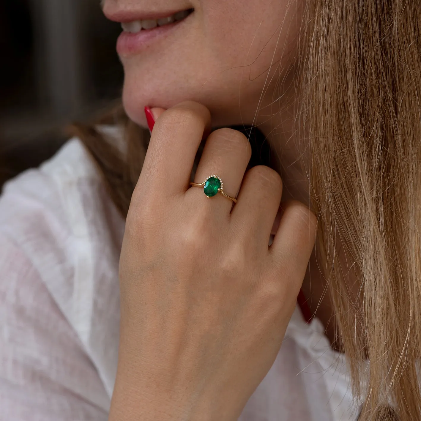 Floating Oval-Cut Emerald Engagement Ring