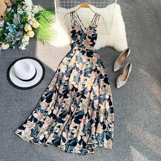 FTLZZ 2020 Women Floral Print Dress Summer Sexy V-neck Backless Long Dresses Female Elegant Bohemian Party Dress Vestido