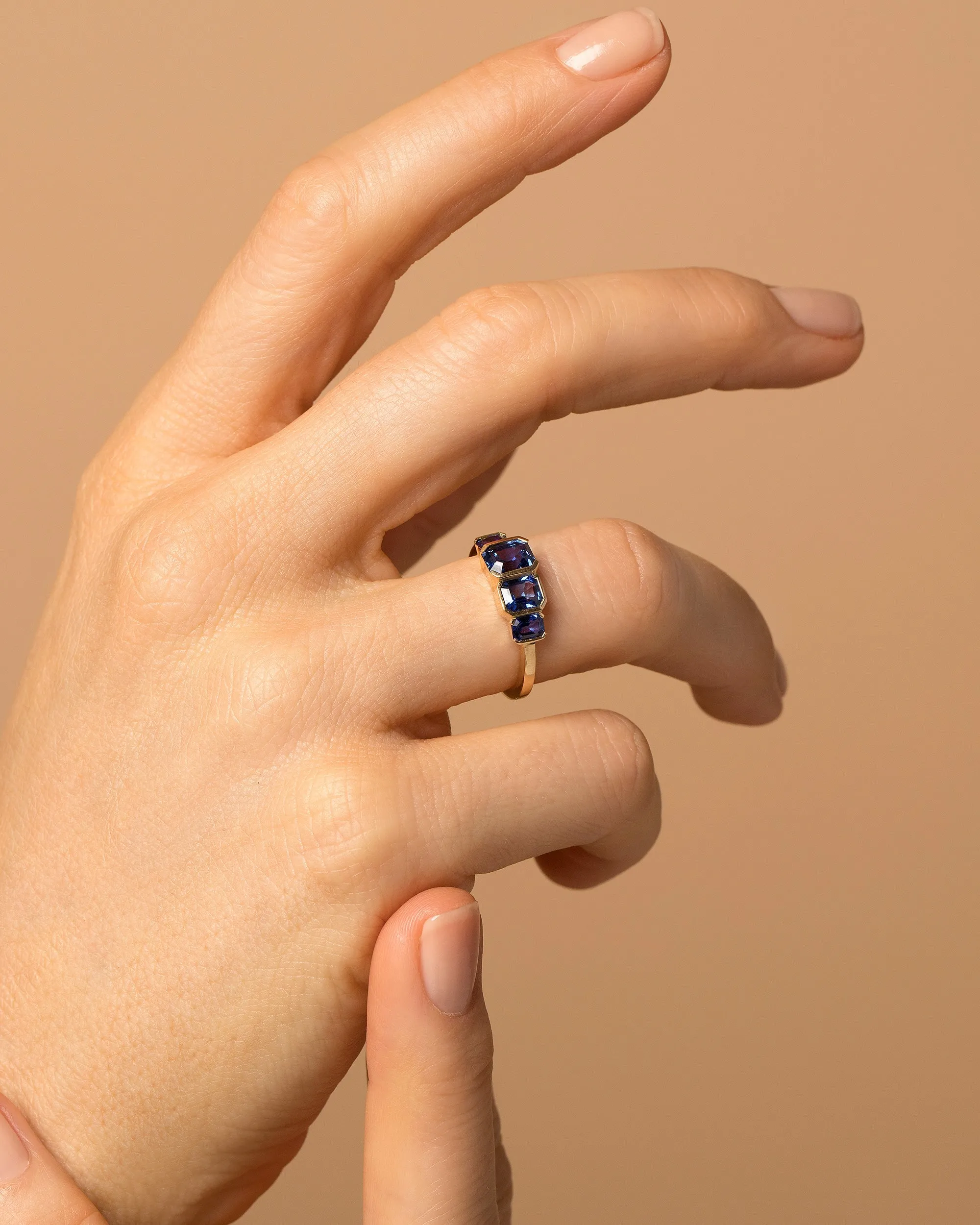 Geometric Sapphire Line Cluster Ring