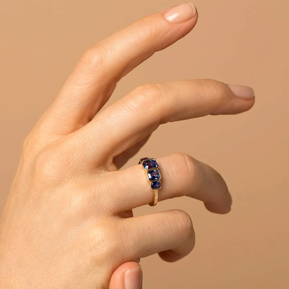 Geometric Sapphire Line Cluster Ring