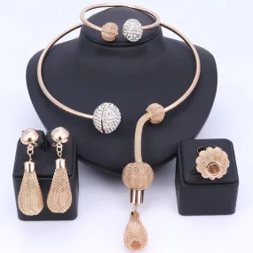 Gold Color and Silver Color Weaved Sac Necklace, Bracelet, Earrings & Ring Jewelry Set