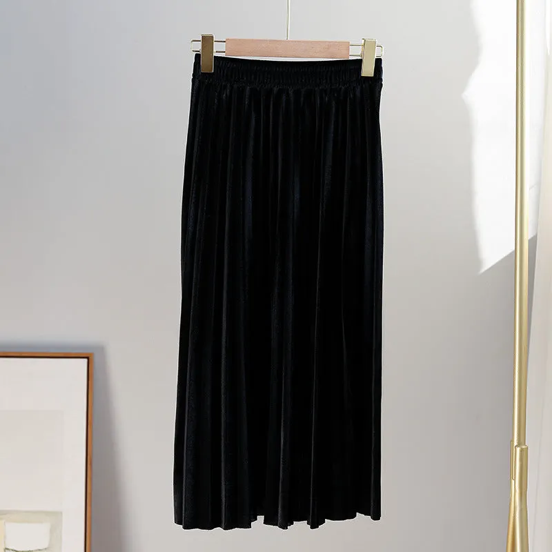 Gold Skirt Women Pleated A-Line High Waist Mid-Length Slim Look Elegant Flare Skirt