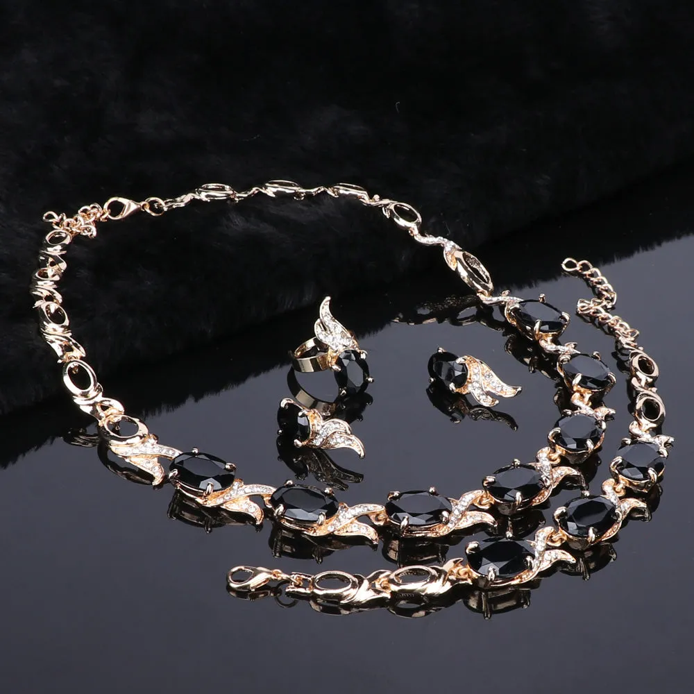 Gold/Silver-Plated Black Crystal Necklace, Bracelet, Earrings & Ring Wedding Jewelry Set