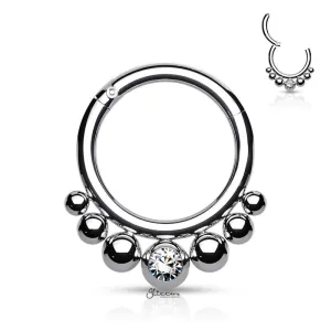 Graduated Balls and Bezel Set Crystal Center Segment Hoop Ring - Silver