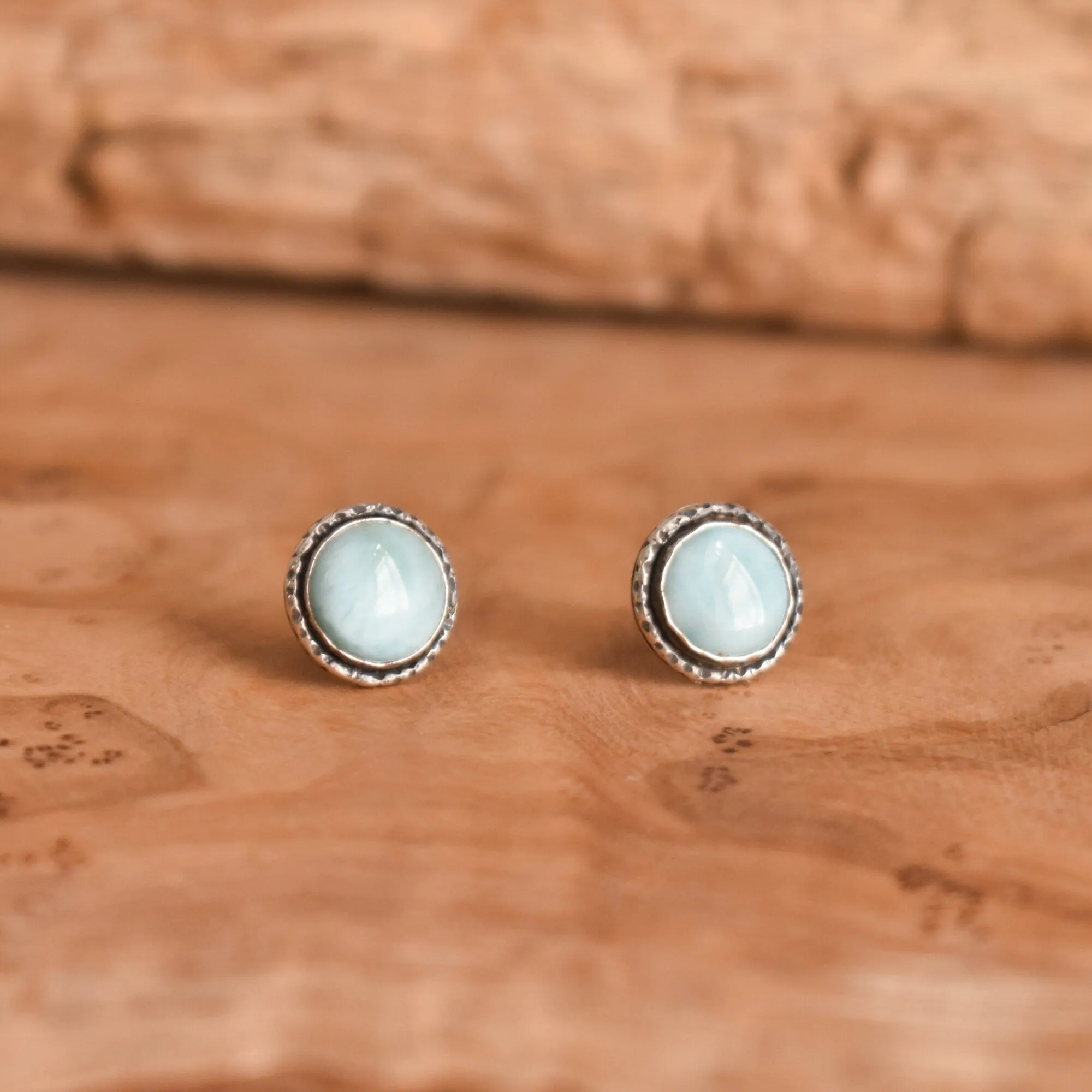 Hammered Larimar Posts - Larimar Studs - Dominican Larimar Earrings - Silversmith - Sterling Silver Posts