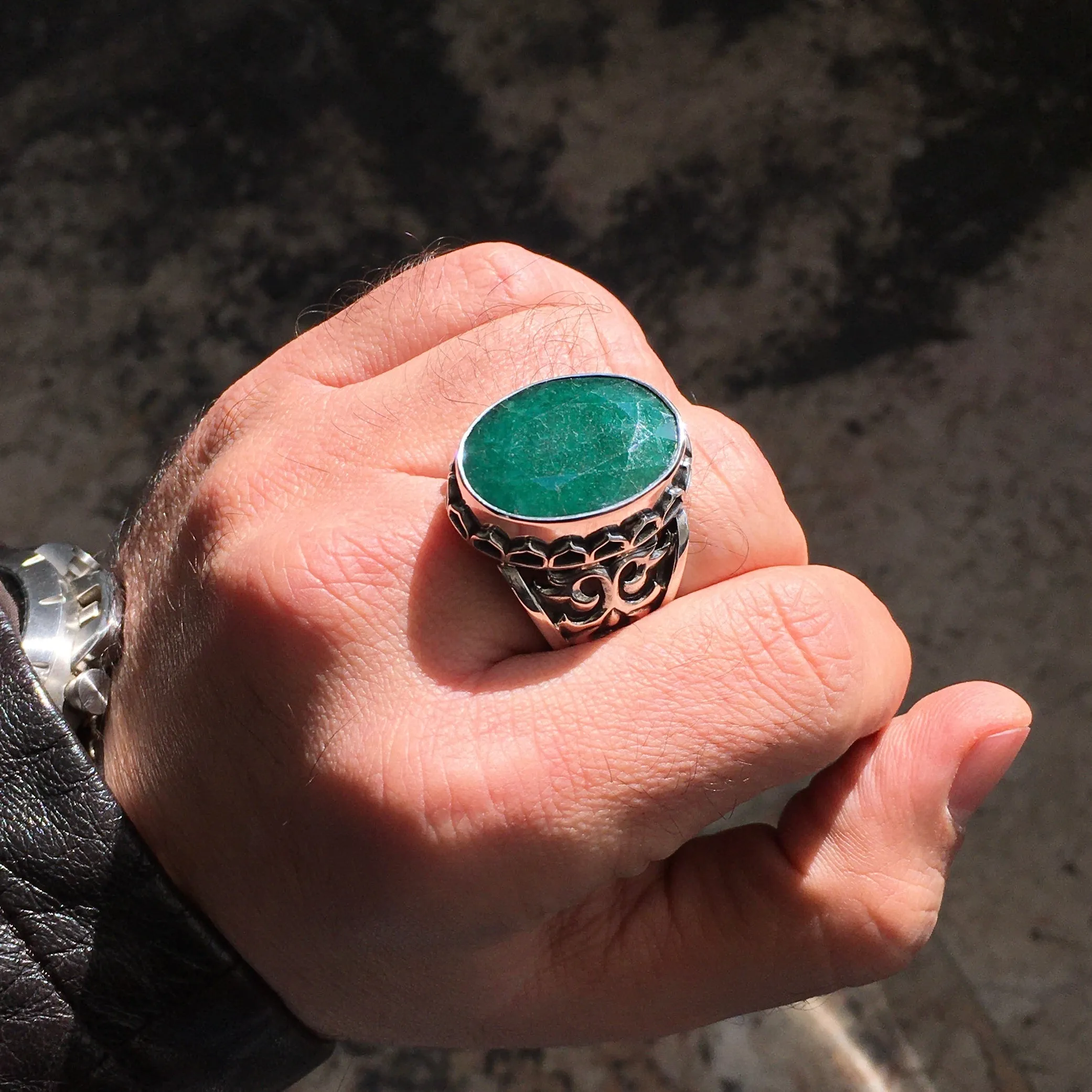 Handmade Ring Natural Big Emerald Unique Turkish Jewelry Sterling Silver 925