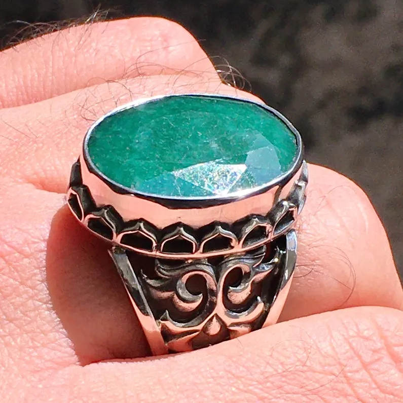 Handmade Ring Natural Big Emerald Unique Turkish Jewelry Sterling Silver 925