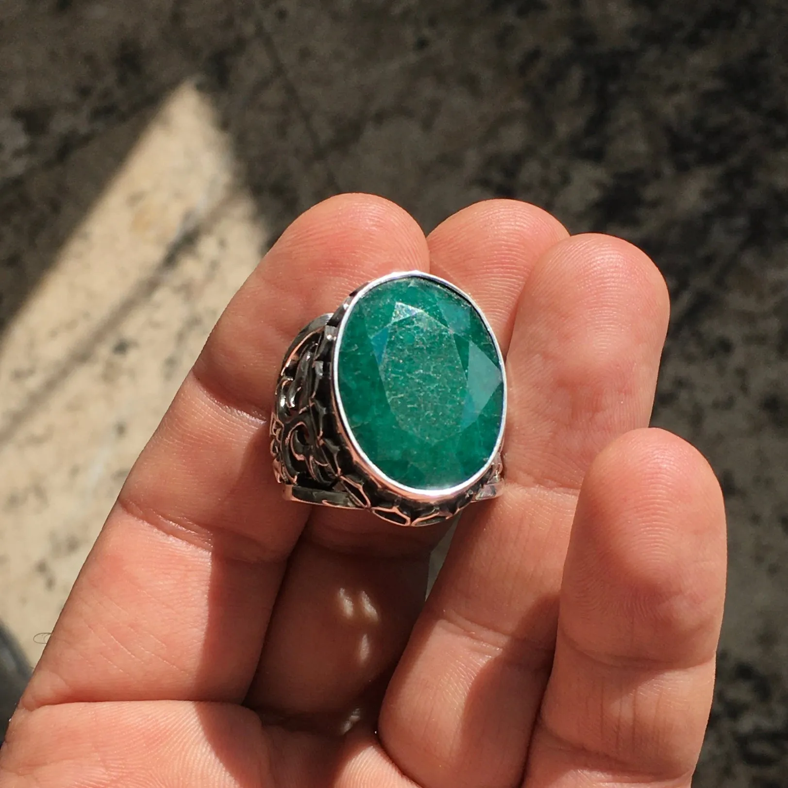 Handmade Ring Natural Big Emerald Unique Turkish Jewelry Sterling Silver 925