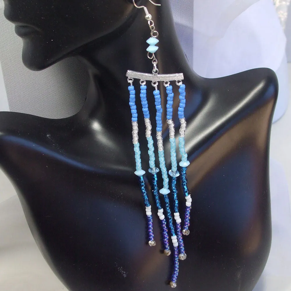 Idara, Blue Multi Shade, Long Fringe, Earrings