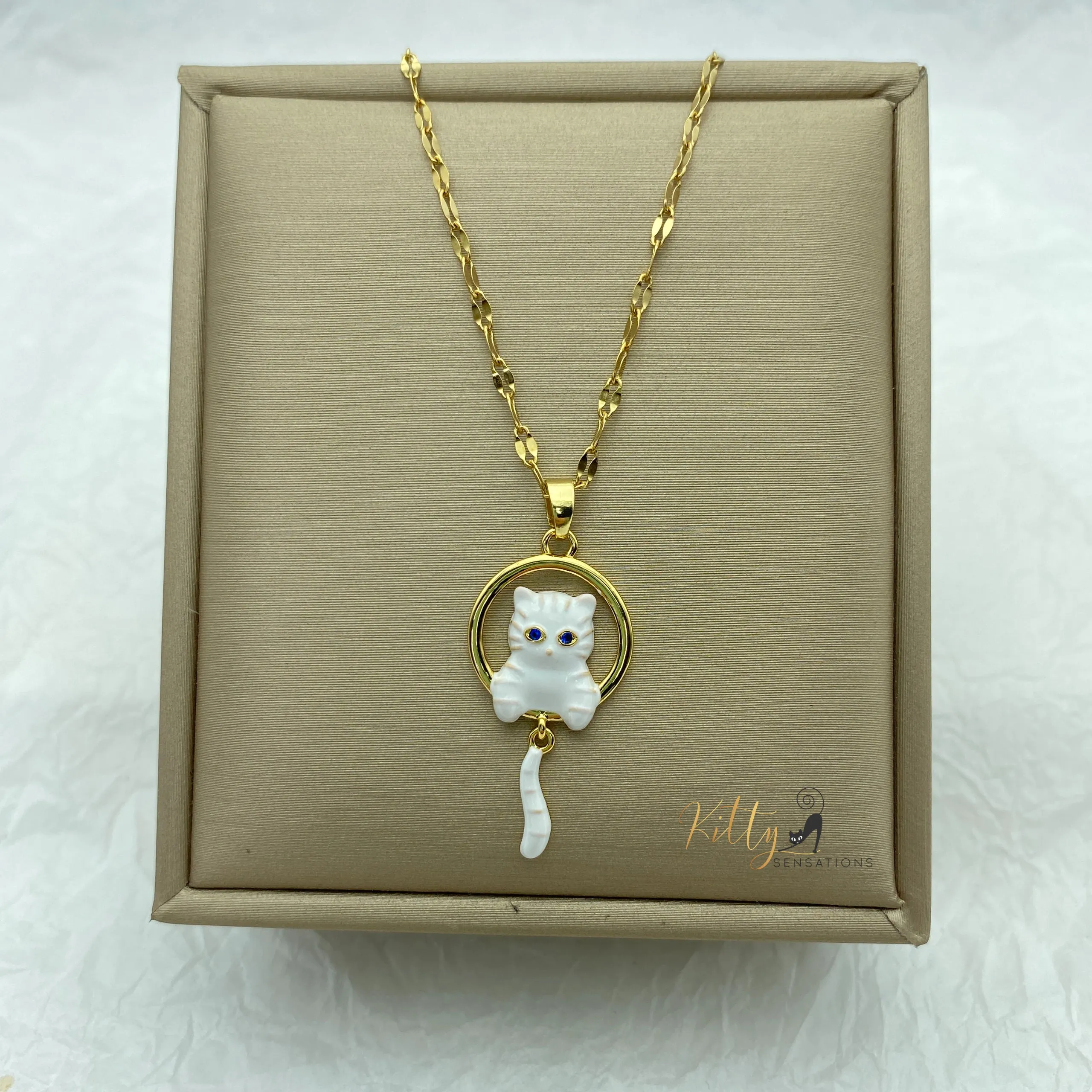 Ivory Enameled Bushy Tailed Kitten Necklace - Gold Plated