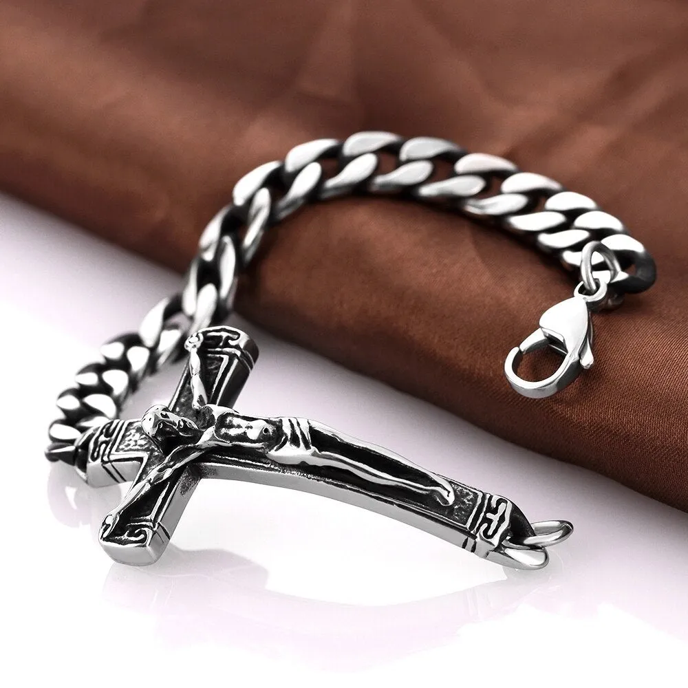 Jesus Religious Cross Chain Link Stainless Steel Fashion Punk Style Bracelet