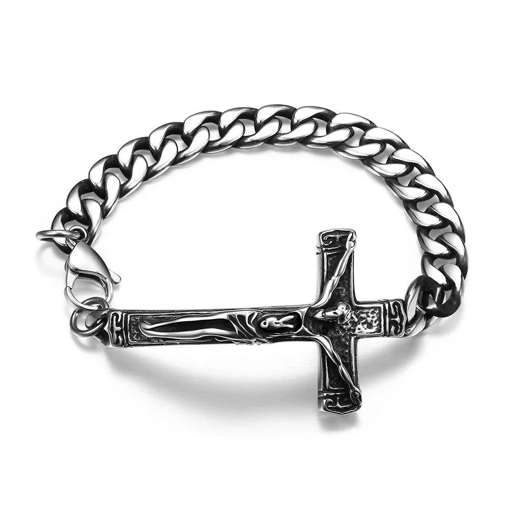 Jesus Religious Cross Chain Link Stainless Steel Fashion Punk Style Bracelet