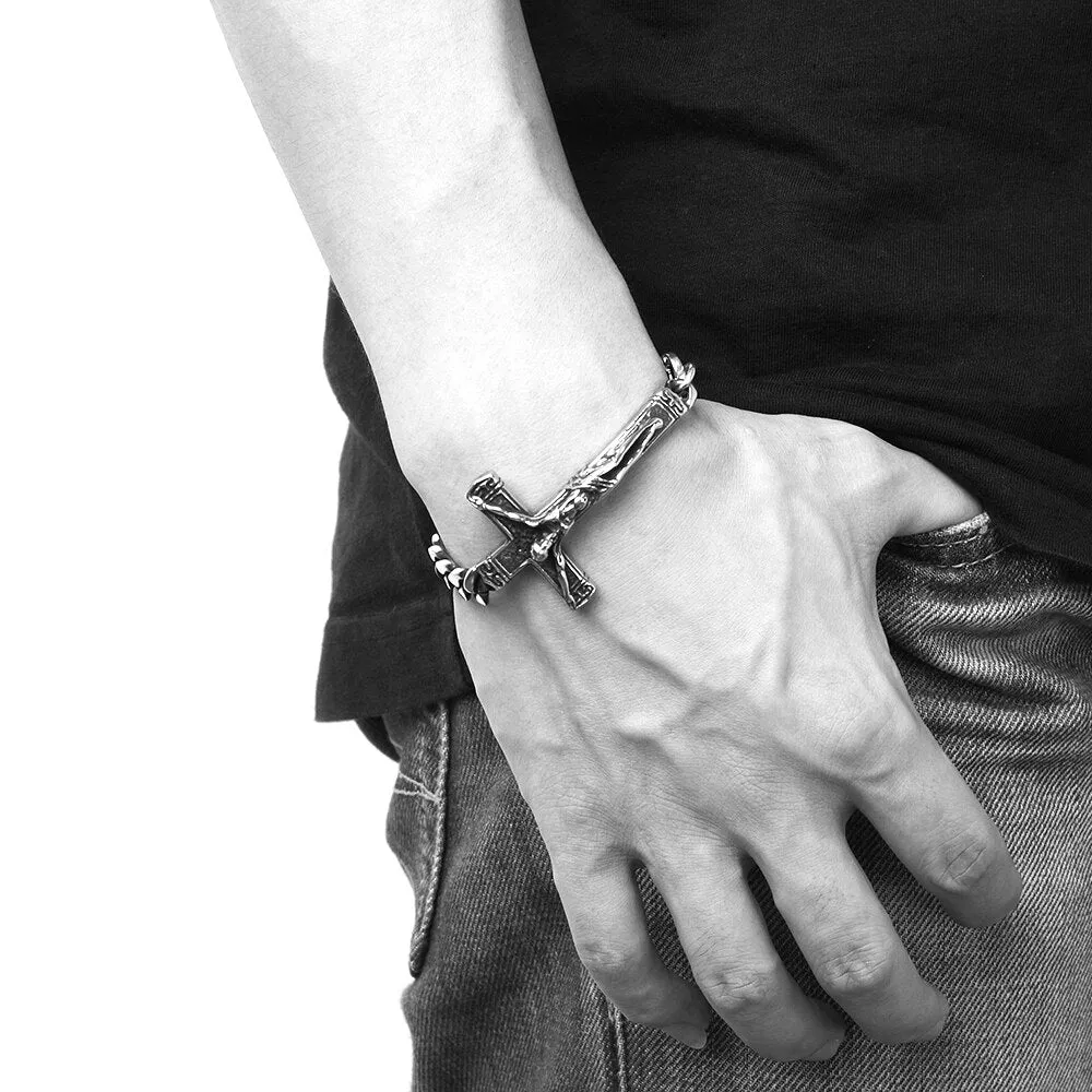 Jesus Religious Cross Chain Link Stainless Steel Fashion Punk Style Bracelet