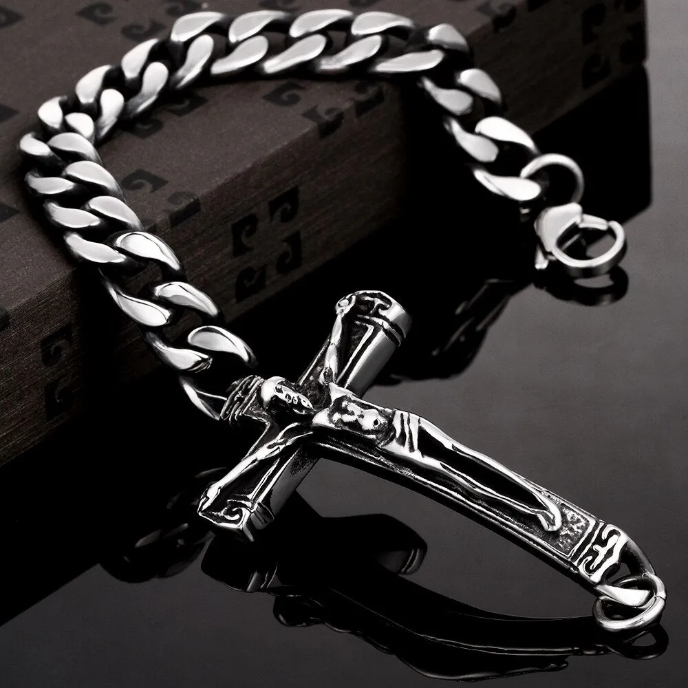 Jesus Religious Cross Chain Link Stainless Steel Fashion Punk Style Bracelet