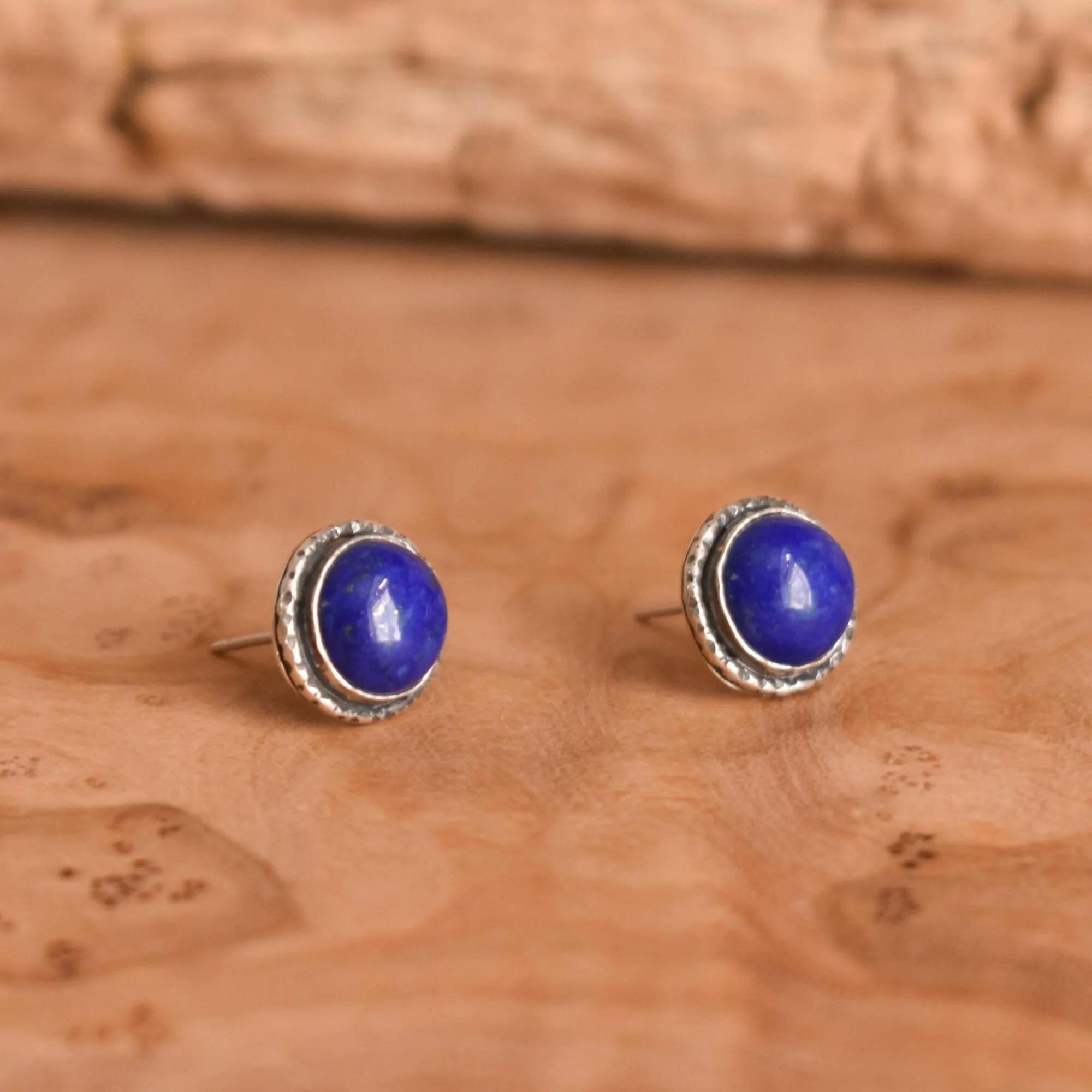 Lapis Lazuli Hammered Posts - .925 Sterling Silver - Silversmith Earrings - Lapis Earrings