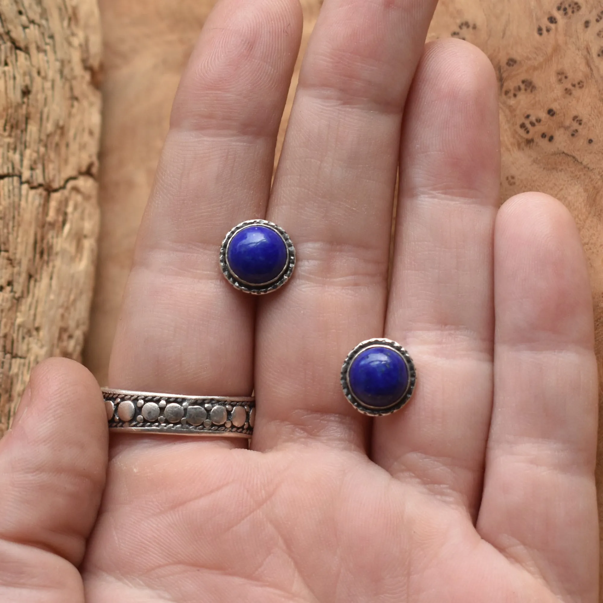 Lapis Lazuli Hammered Posts - .925 Sterling Silver - Silversmith Earrings - Lapis Earrings