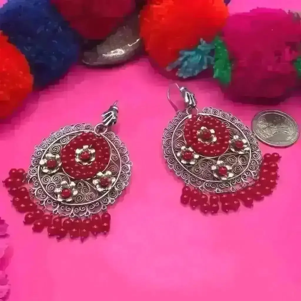 Mexican Oaxacan handmade coral silver filigree earrings/Frida Kahlo/ Bohemian/jewelry