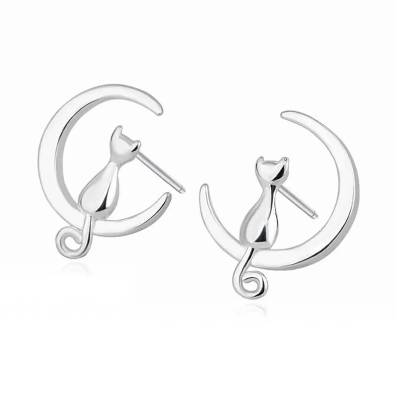 Moon Kitty Earrings in Solid 925 Sterling Silver