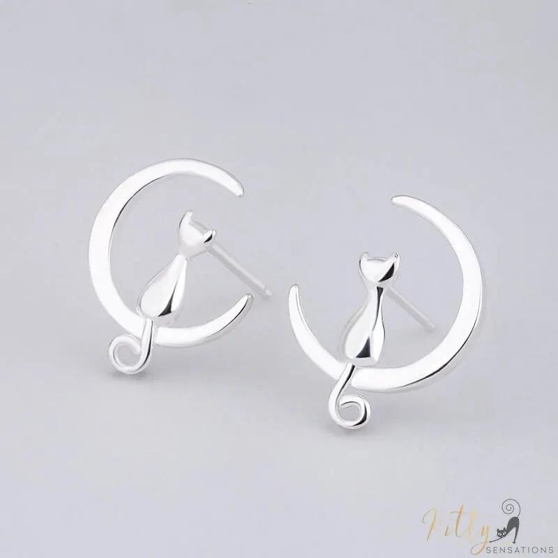 Moon Kitty Earrings in Solid 925 Sterling Silver