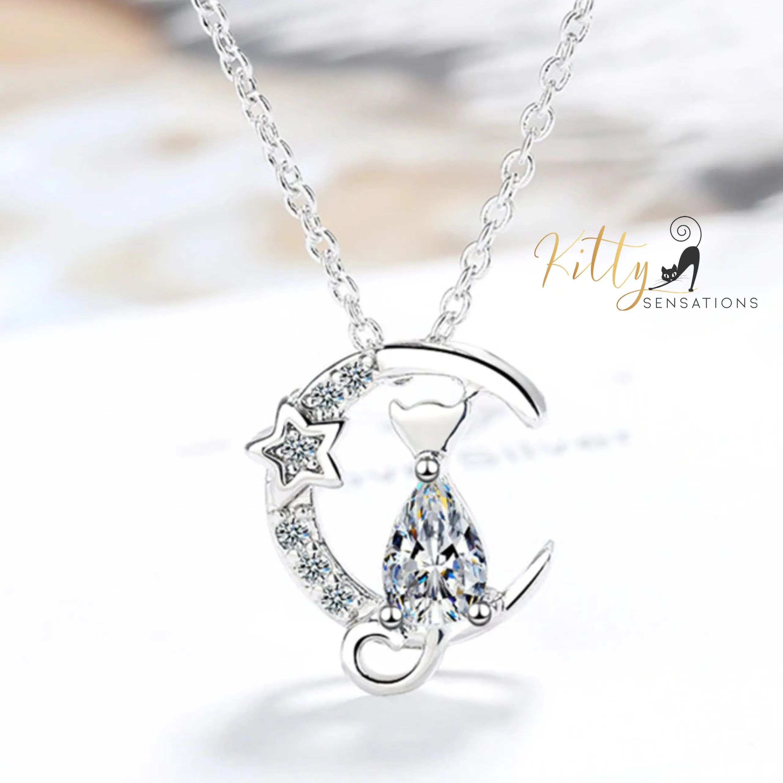 Moon Kitty Necklace in Cubic Zirconia and Solid 925 Sterling Silver (Clear or Blue)