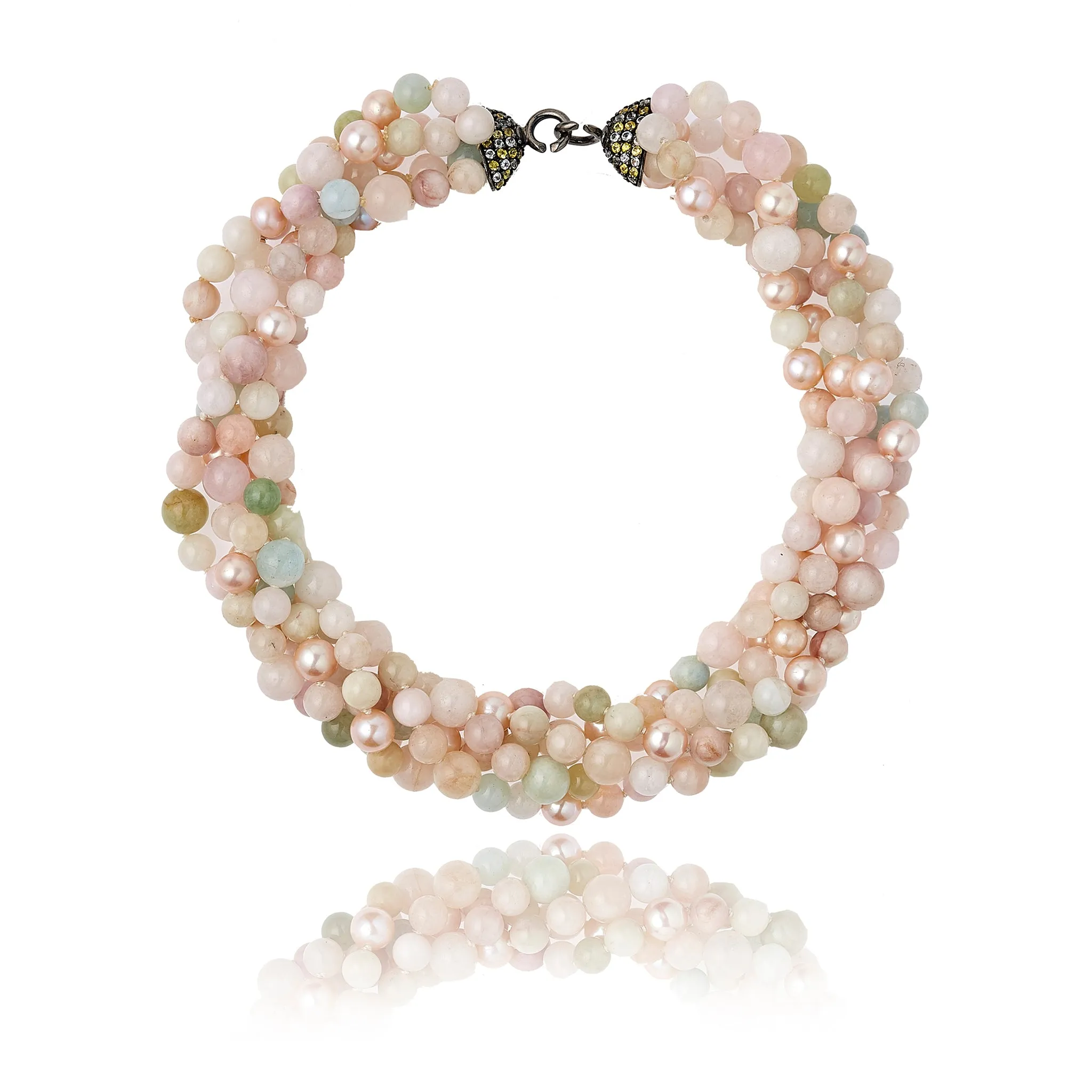 Morganite Beaded Statement Necklace with Sterling Silver, Mixed Yellow Sapphires & Pink Pearls