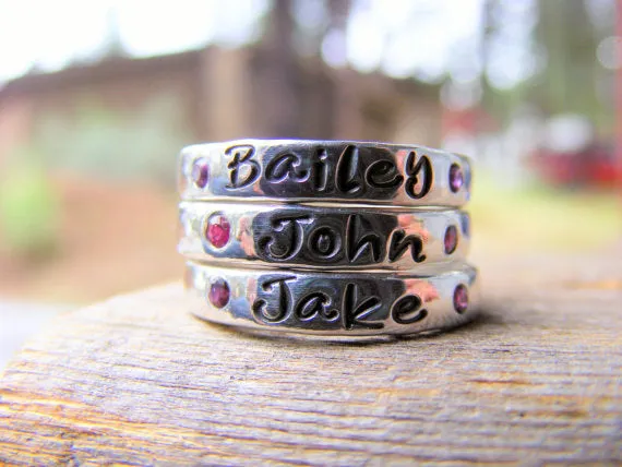 Mother's Day Birthstone Ring - Flush Set Gemstones -personalized - Engraved - Childrens Name - Stacking Rings - Memory Ring