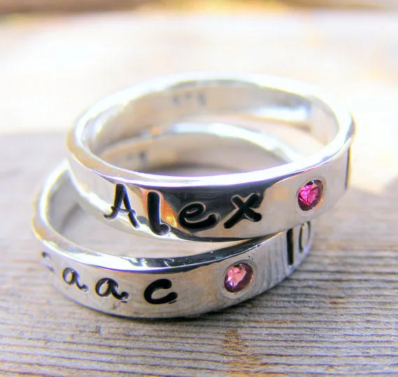 Mother's Day Birthstone Ring - Flush Set Gemstones -personalized - Engraved - Childrens Name - Stacking Rings - Memory Ring