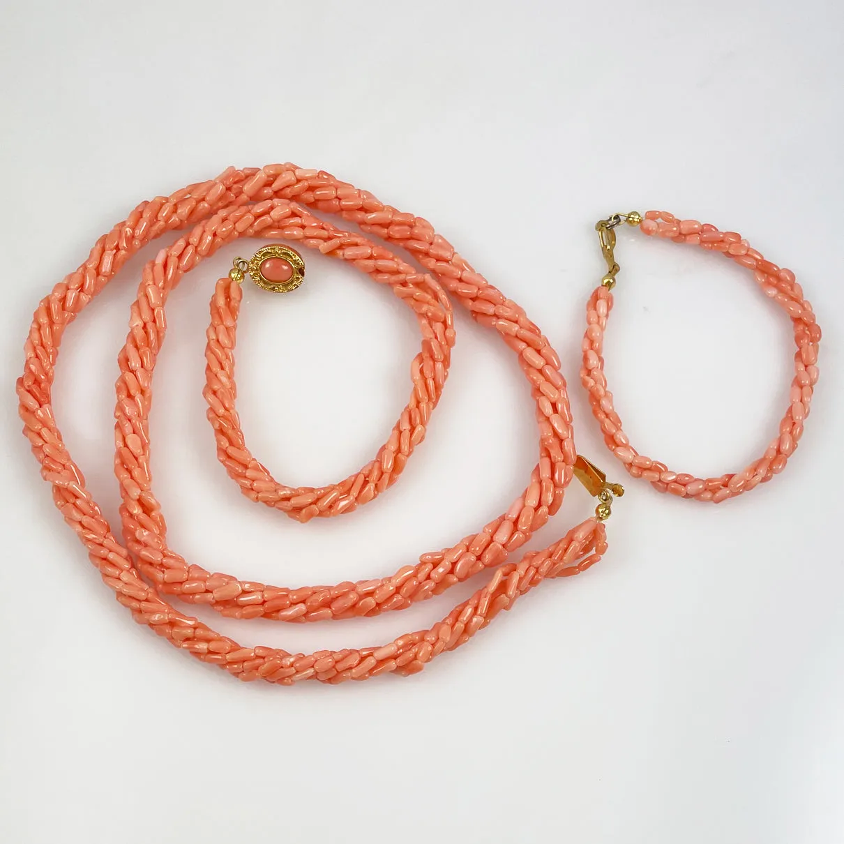 Multi-Strand Salmon Pink Coral Necklace & Bracelet Set