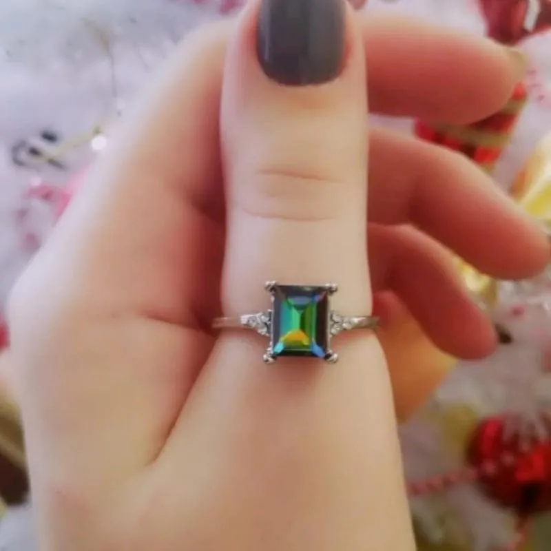 Mystic Rainbows Emerald Cut Simulated Mystic Topaz Ring