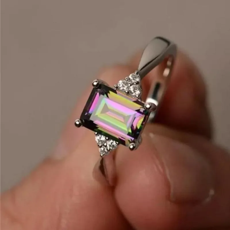 Mystic Rainbows Emerald Cut Simulated Mystic Topaz Ring