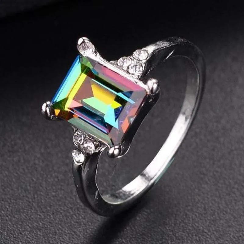 Mystic Rainbows Emerald Cut Simulated Mystic Topaz Ring