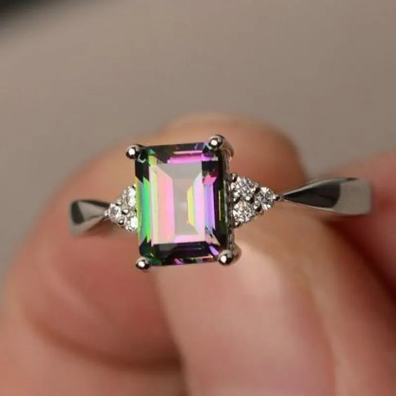 Mystic Rainbows Emerald Cut Simulated Mystic Topaz Ring