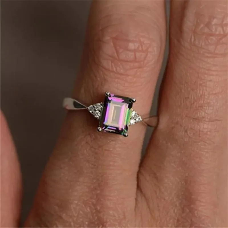 Mystic Rainbows Emerald Cut Simulated Mystic Topaz Ring