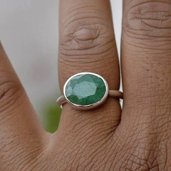 Natural Emerald Gemstone Ring, Oval Faceted Emerald Ring, 925 Sterling Silver Ring, Emerald Jewelry, Nickel Free