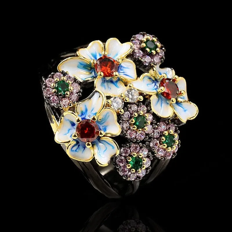 New Gorgeous Black Enamel Exaggerated Flower Ring - 925 Sterling Silver