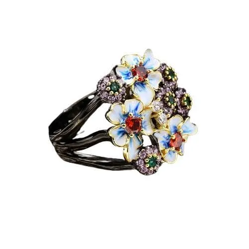 New Gorgeous Black Enamel Exaggerated Flower Ring - 925 Sterling Silver