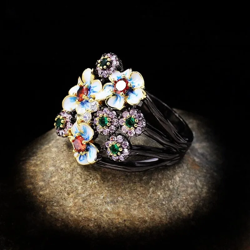 New Gorgeous Black Enamel Exaggerated Flower Ring - 925 Sterling Silver