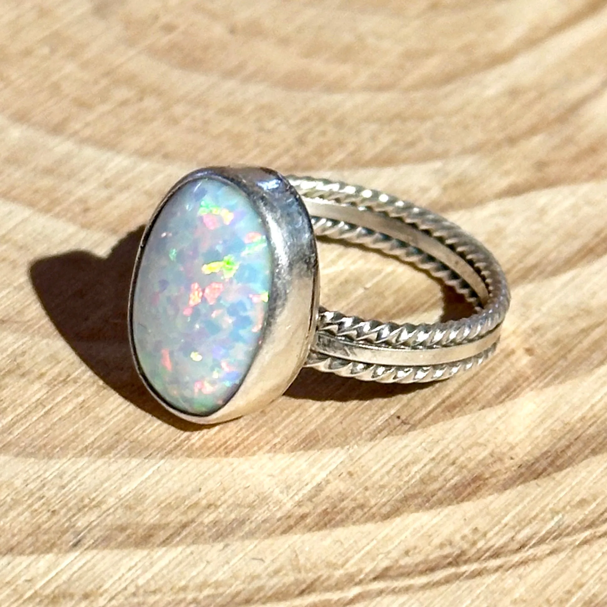 NEW LIGHT Sterling Silver and Lab Opal Navajo Ring  Multiple sizes available