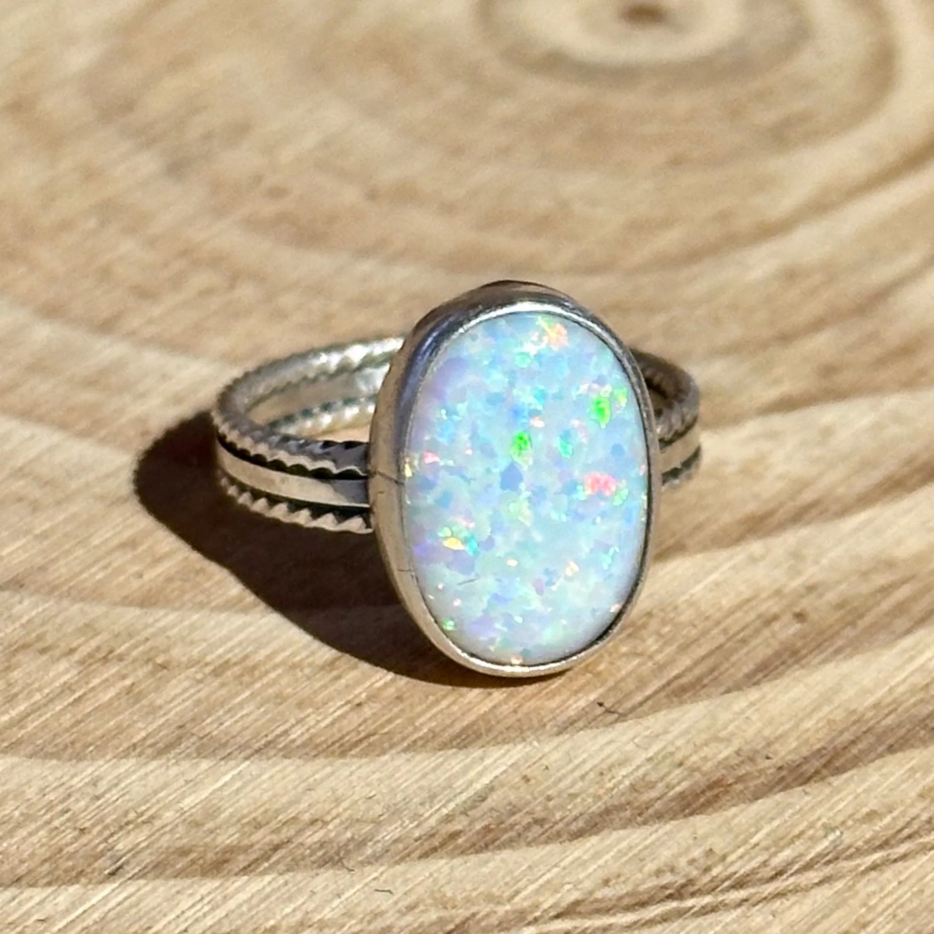 NEW LIGHT Sterling Silver and Lab Opal Navajo Ring  Multiple sizes available