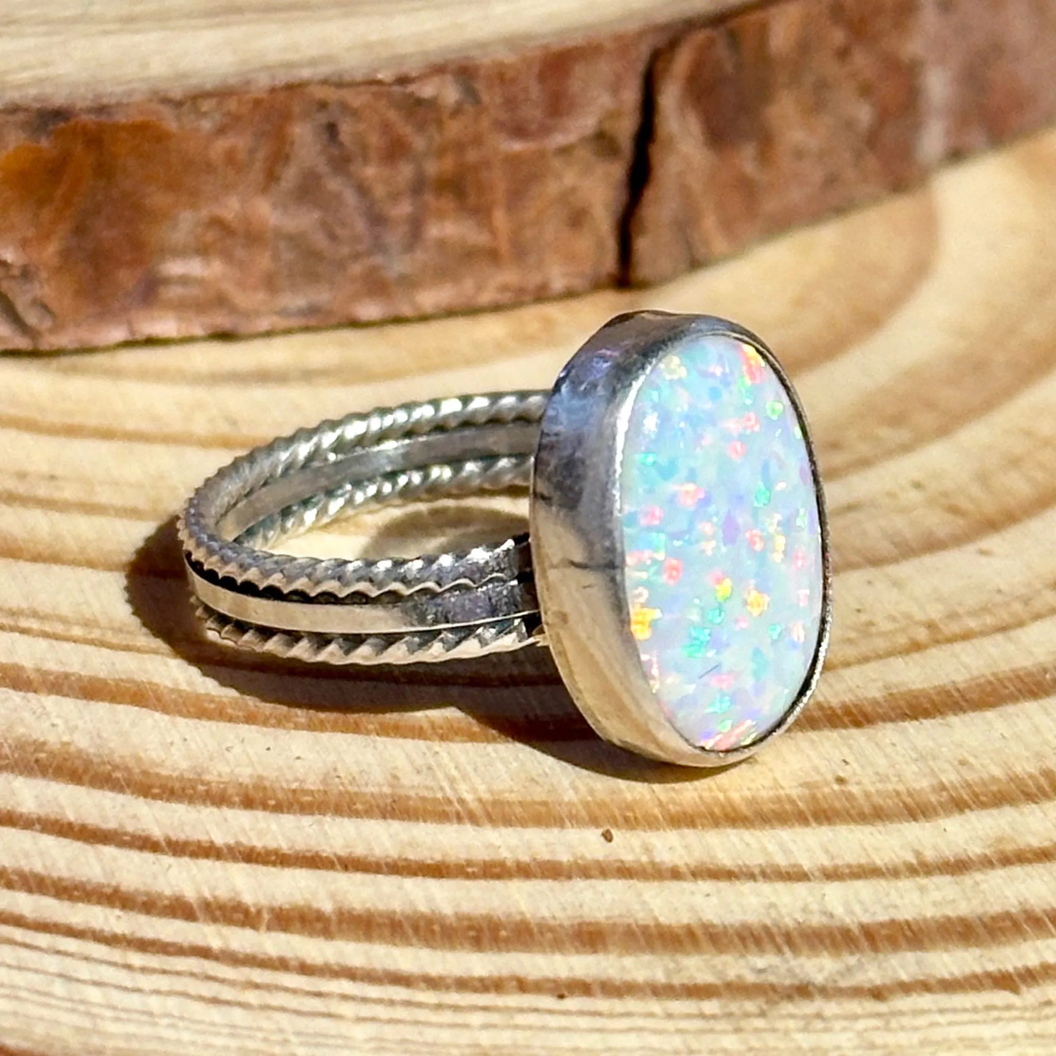 NEW LIGHT Sterling Silver and Lab Opal Navajo Ring  Multiple sizes available