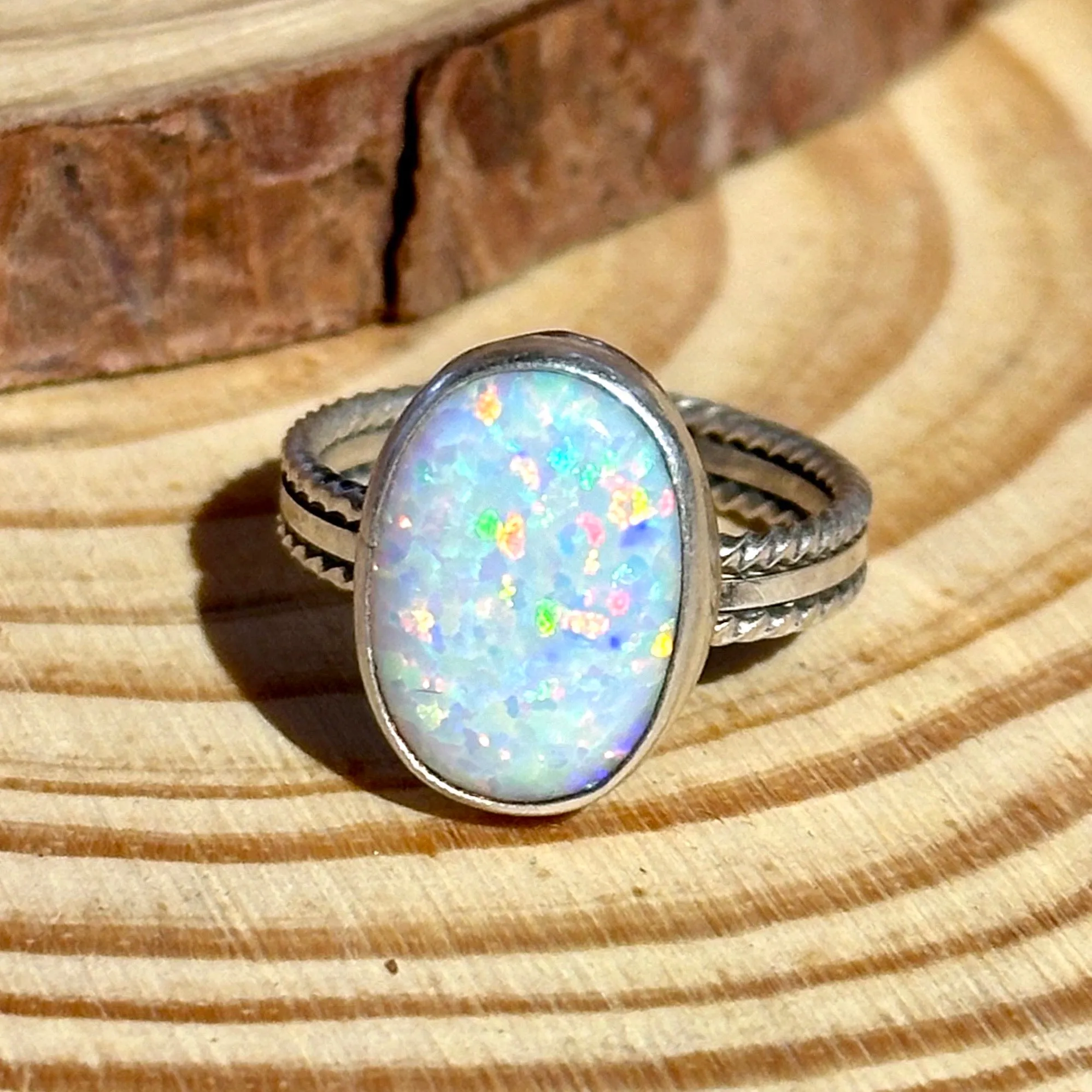 NEW LIGHT Sterling Silver and Lab Opal Navajo Ring  Multiple sizes available