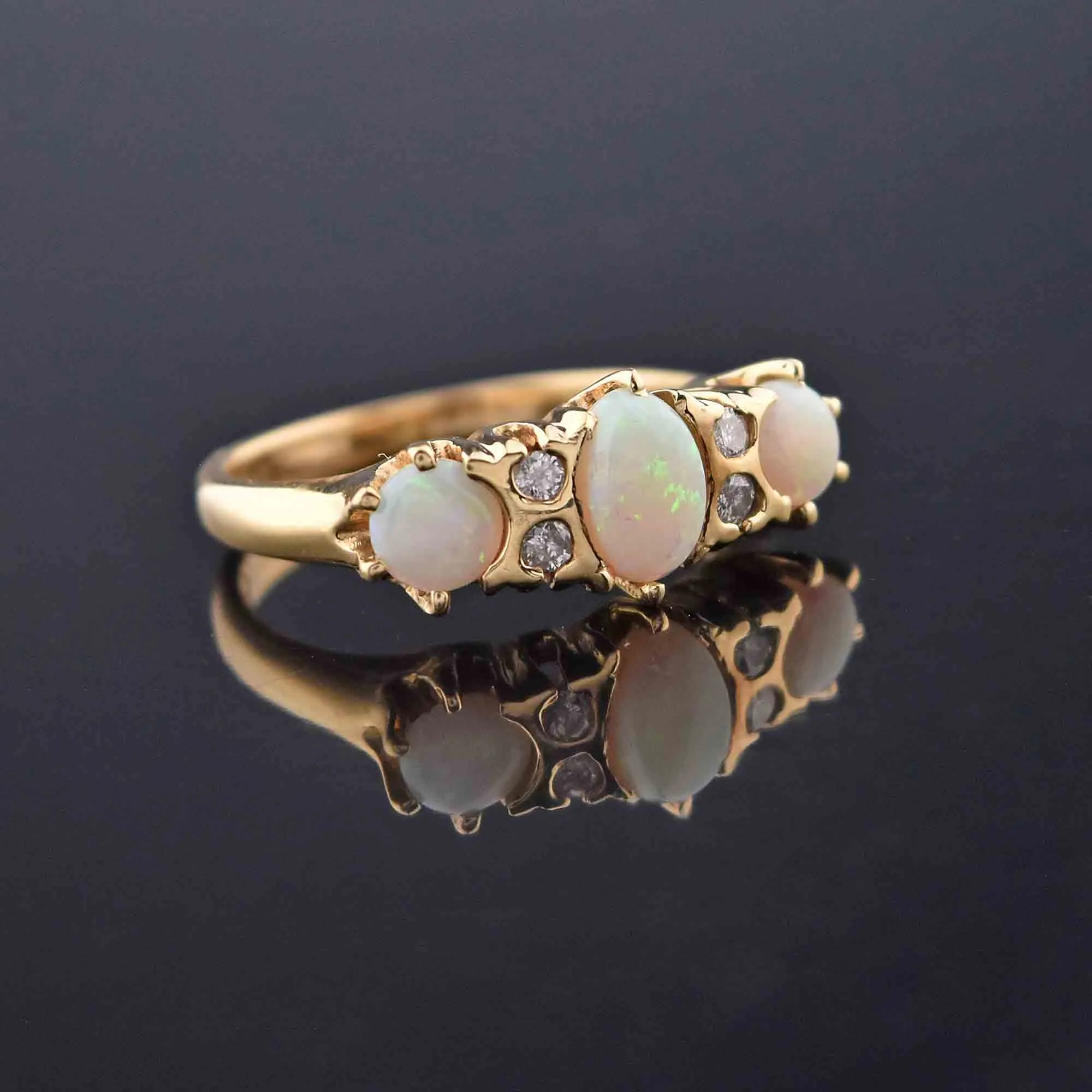 ON HOLD Vintage 14K Gold Diamond & Opal Three Stone Ring