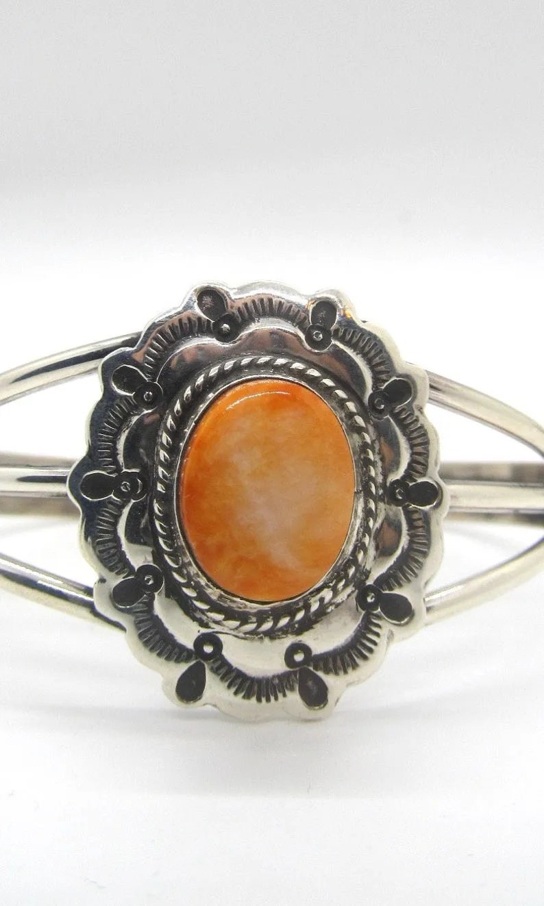 ORANGE ZEST Spiny Oyster Shell & Sterling Silver Concho Cuff