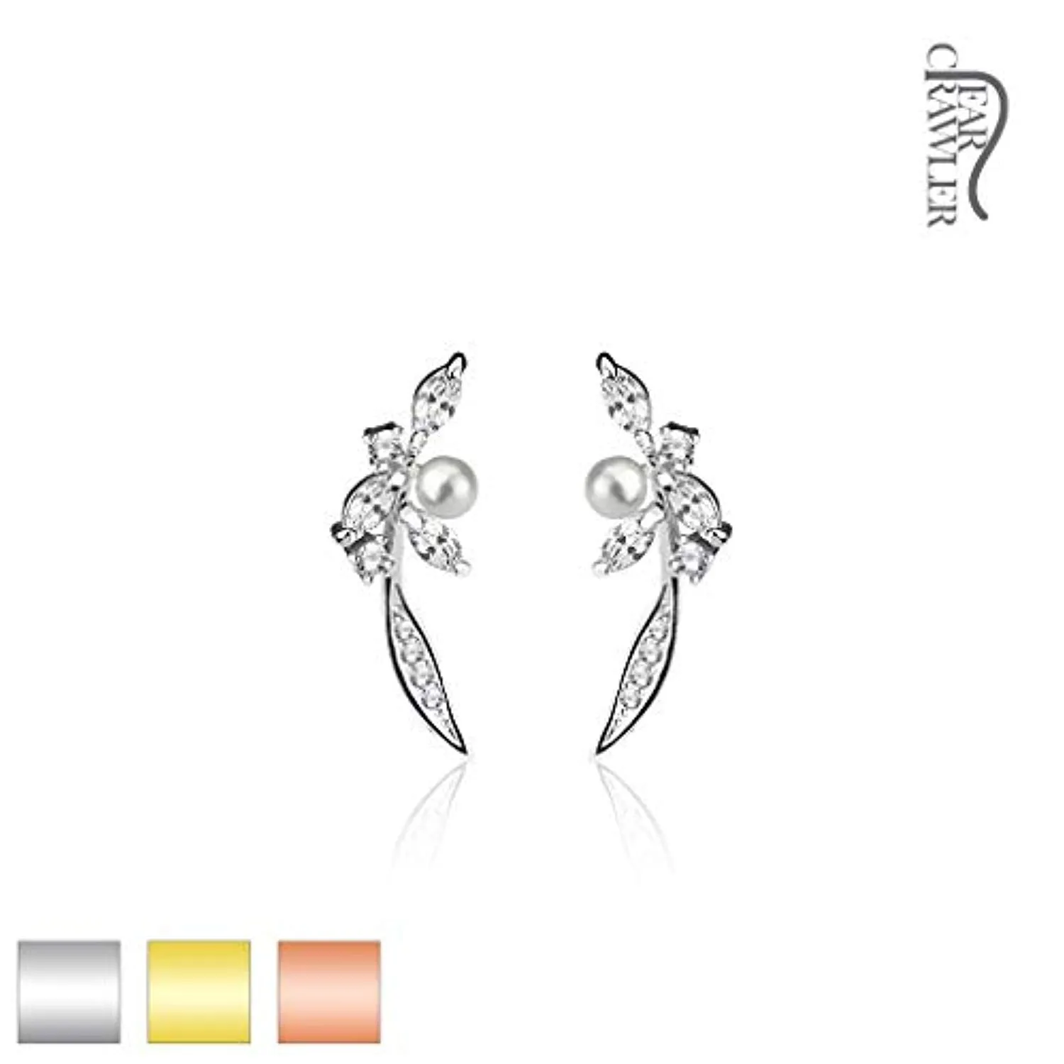 Pair of Paved CZ and Pearl Feather Prepacked WildKlass Ear Crawler/Ear Climber