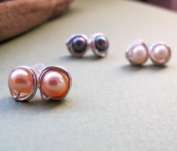 Peach Pearl Studs - Bridal Earrings