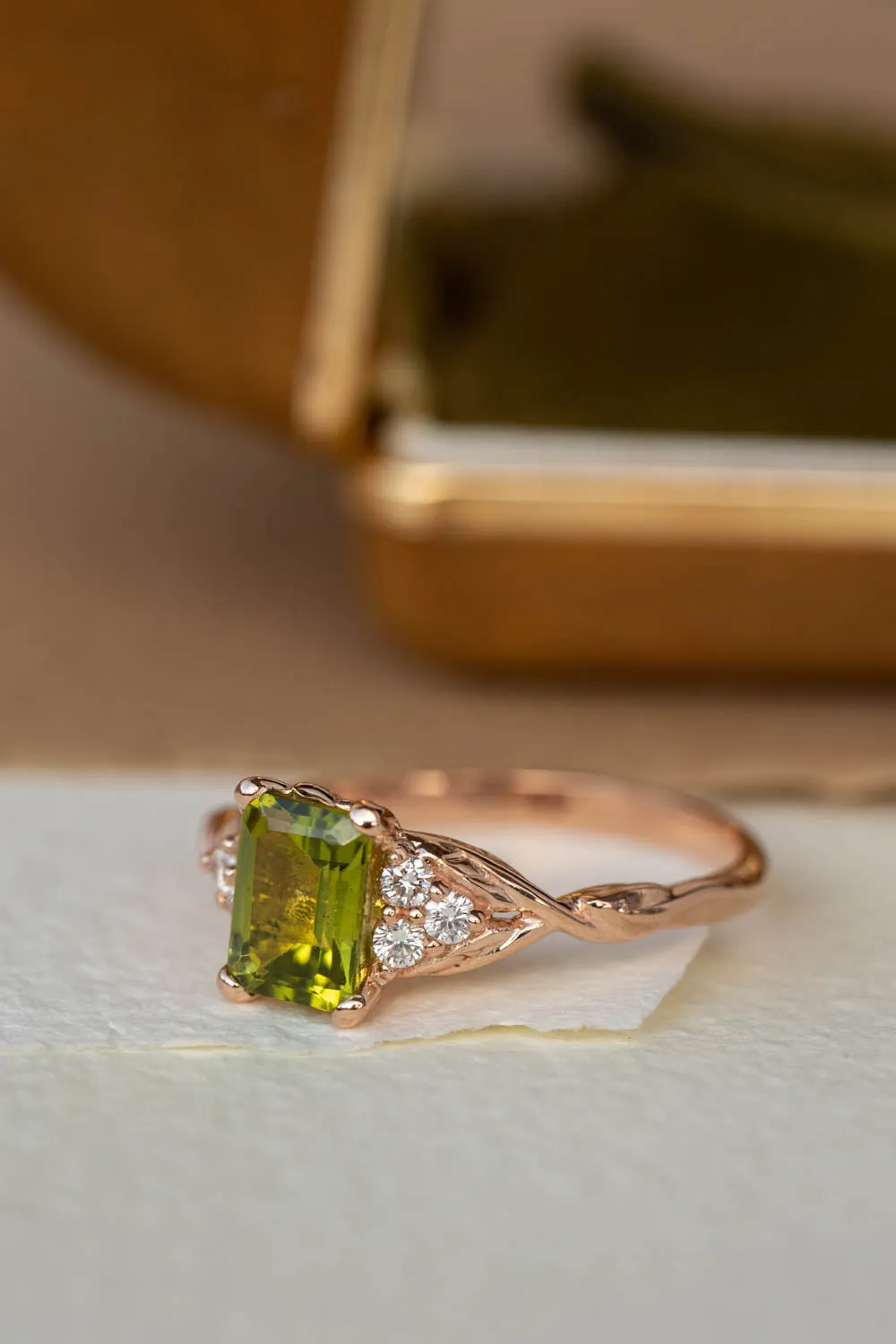 Peridot engagement ring, emerald cut gemstone proposal ring with accent diamonds / Gloria