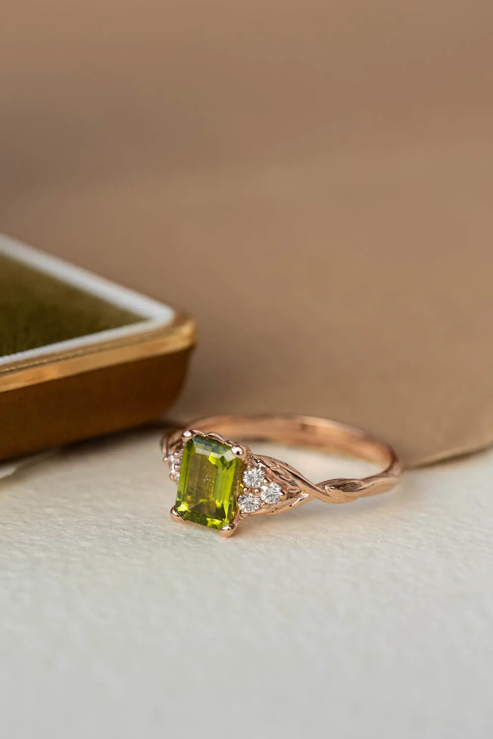 Peridot engagement ring, emerald cut gemstone proposal ring with accent diamonds / Gloria